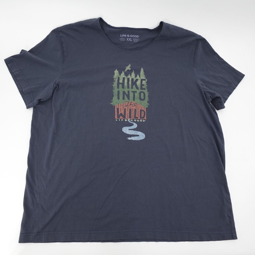 Life Is Good T-Shirt Mens XXL Blue Graphic Hike Into The Wild Outdoor Nature